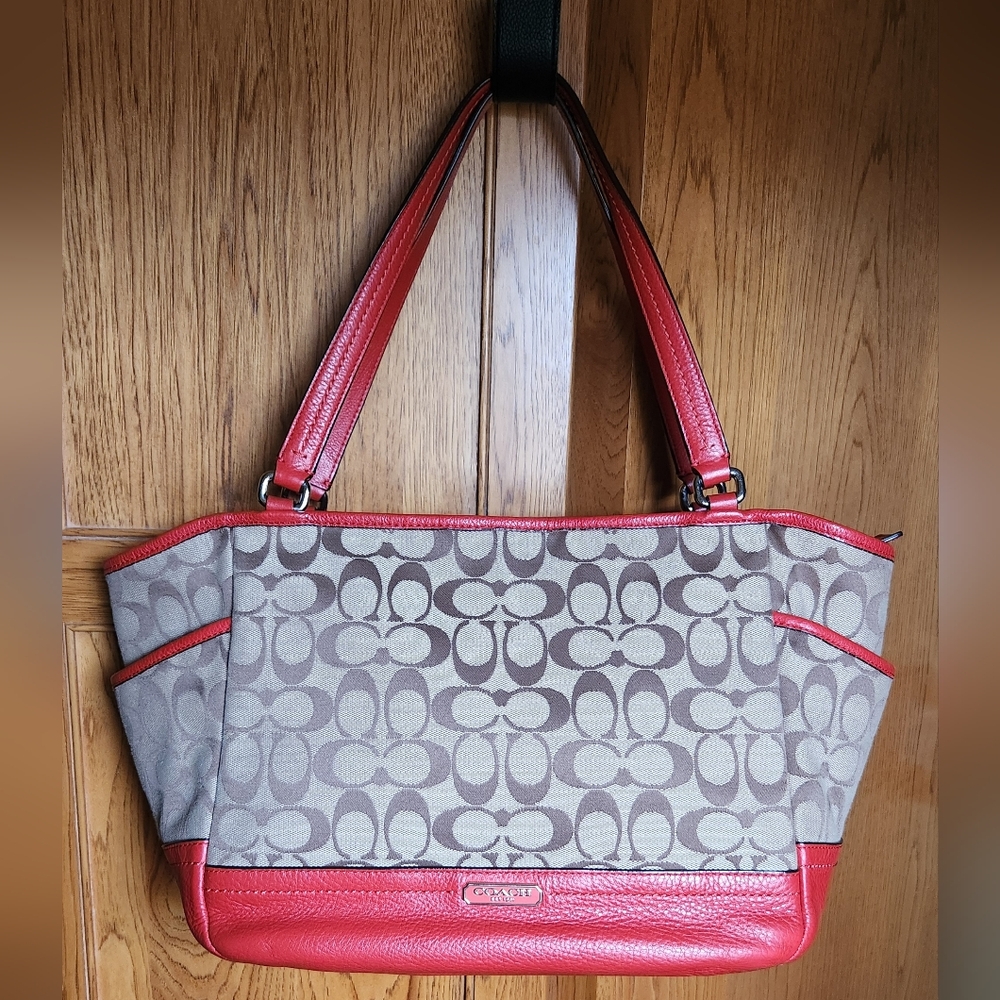 Coach Park Signature Carrie Tote, Red Leather Trim EUC